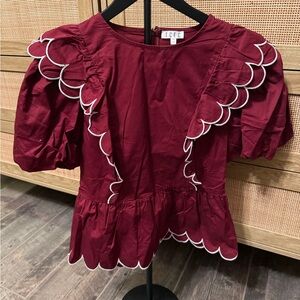 TCEC Women's Wine Red Scalloped Peplum Blouse